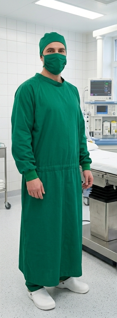 Baju medis Surgical Gown + water repellent + warna hijau + merek andor apparel