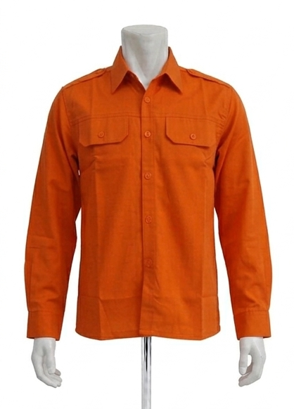 Kemeja PDH Panjang Warna Jingga Bahan Twill Saku Bobok Dengan Tutup