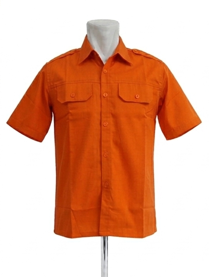 Kemeja PDH Warna Jingga Bahan Twill Saku Bobok Dengan Tutup