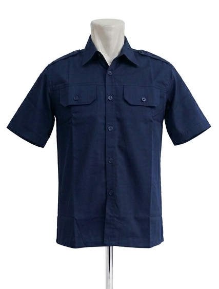 Kemeja PDH Warna Biru Dongker Bahan Twill Saku Bobok Dengan Tutup