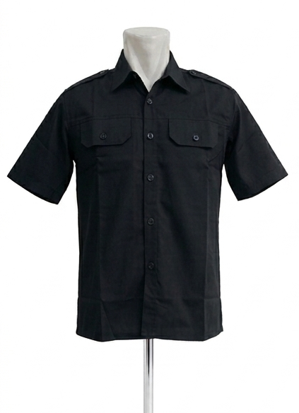 Kemeja PDH Warna Hitam Bahan Twill Saku Bobok Dengan Tutup