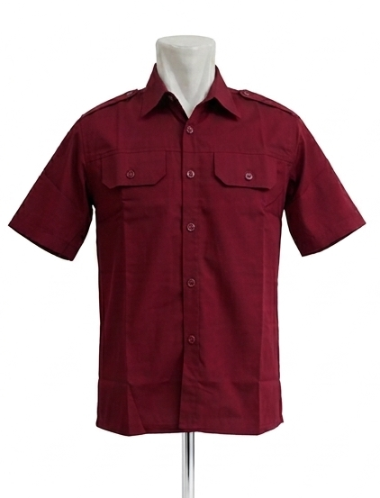 Kemeja PDH Warna Merah Maroon Bahan Twill Saku Bobok Dengan Tutup