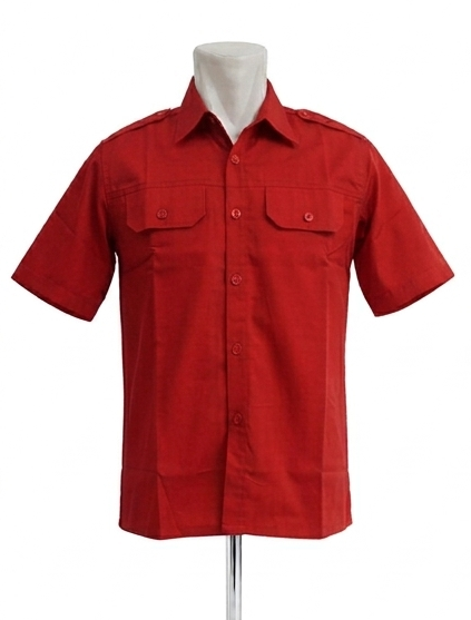 Kemeja PDH Warna Merah Bahan Twill Saku Bobok Dengan Tutup