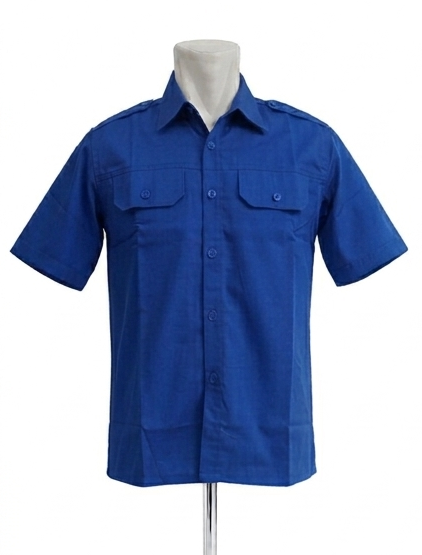 Kemeja PDH Warna Biru Benhur Bahan Twill Saku Bobok Dengan Tutup