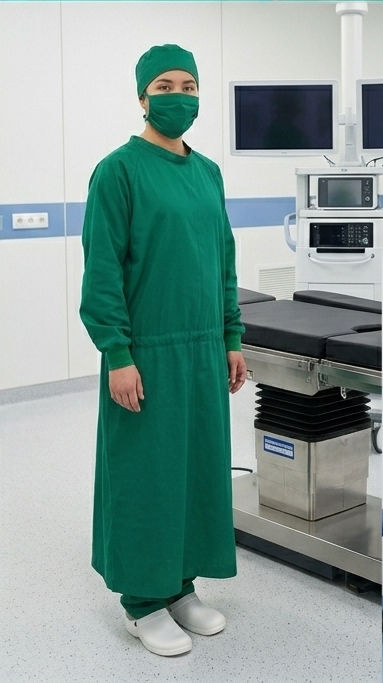 Baju medis Surgical Gown Warna Hijau Bahan cotton soil release