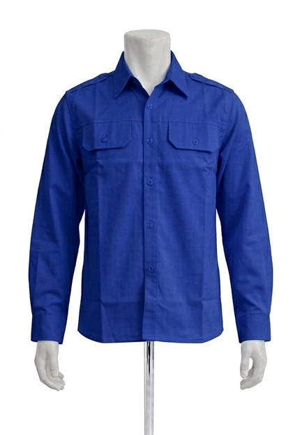 Kemeja PDH Panjang Warna Biru Benhur Bahan Twill Saku Bobok Dengan Tutup