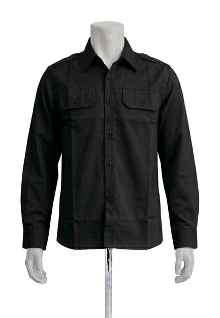 Kemeja PDH Panjang Warna Hitam Bahan Twill Saku Bobok Dengan Tutup