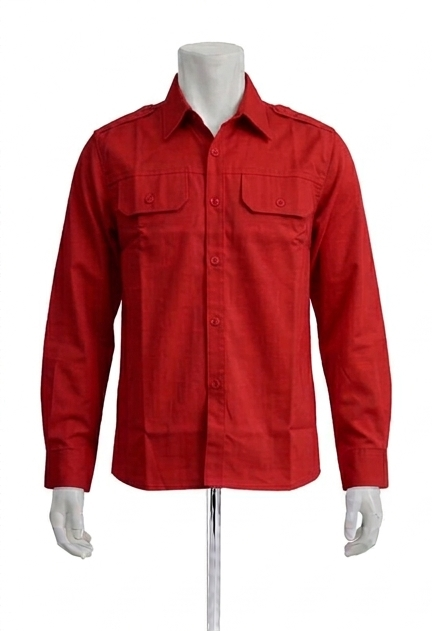 Kemeja PDH Panjang Warna Merah Bahan Twill Saku Bobok Dengan Tutup