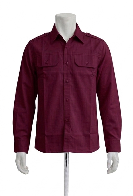 Kemeja PDH Panjang Warna Merah Maroon Bahan Twill Saku Bobok Dengan Tutup