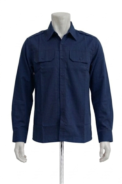 Kemeja PDH Panjang Warna Biru Dongker Bahan Twill Saku Bobok Dengan Tutup