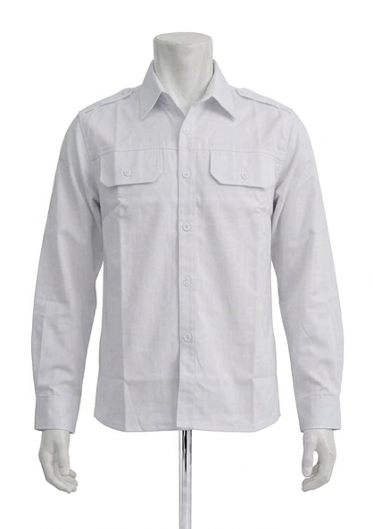 Kemeja PDH Panjang Warna putih Bahan Twill Saku Bobok Dengan Tutup